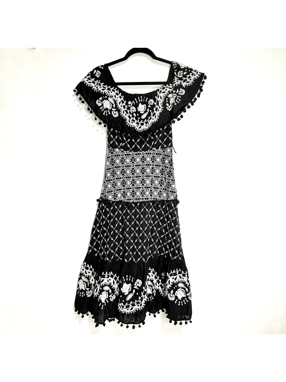 Anthropologie Marisol Off The Shoulder Embroidered Midi Dress Black, White 0